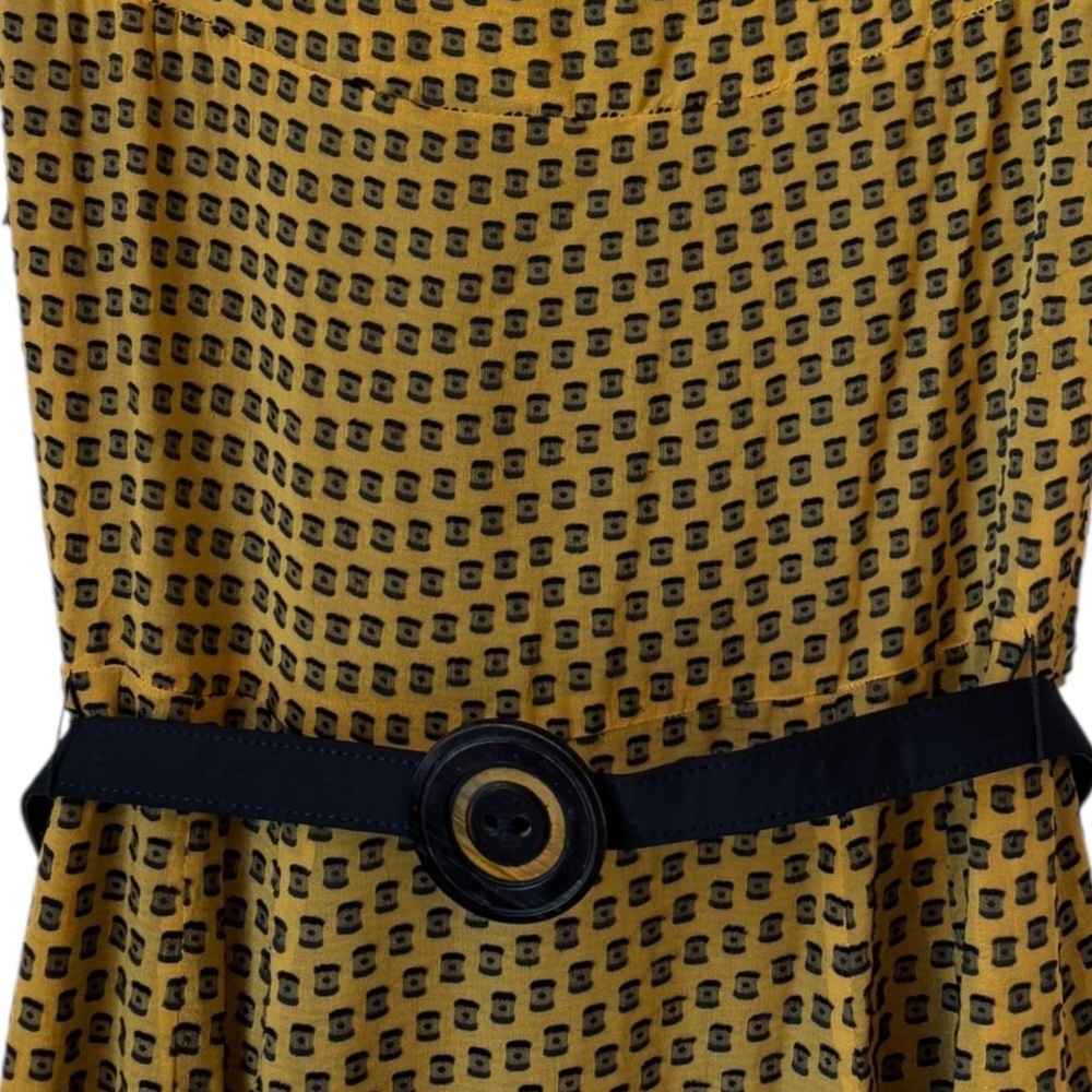 Eva Franco Silk Blend Belted Dress Sz 8 Mustard Yellow Black Pleated Hem Ruched - Picture 8 of 12